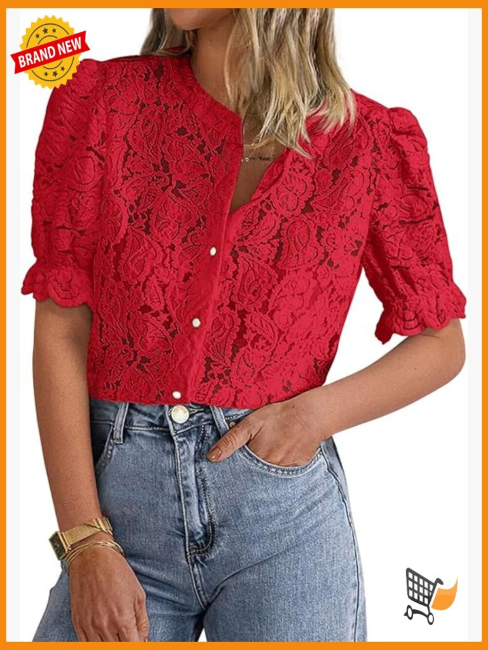 Women's Lace Short Puff Sleeve Button Down Blouse Summer Top